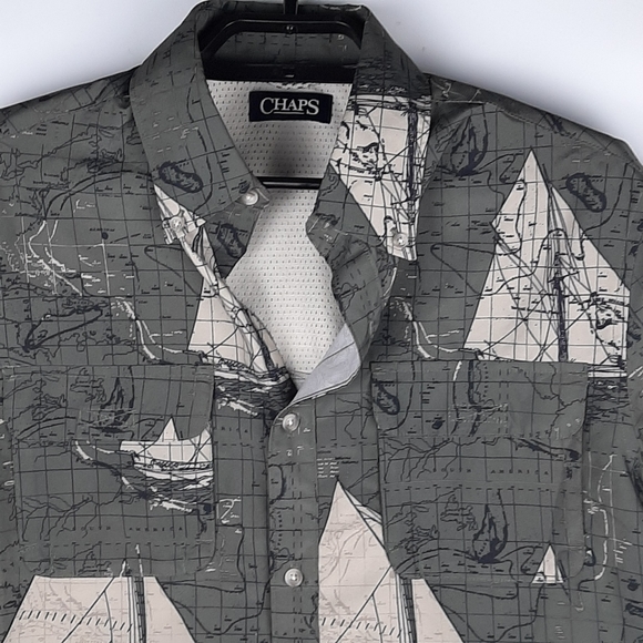 Chaps Explorer Sailboat Button Down Shirt Green/Gray Vented Men's Medium - Picture 2 of 9